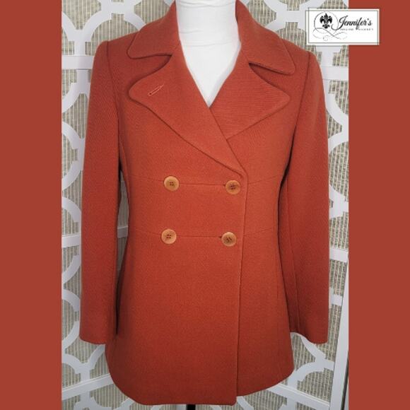 Talbots Petites Women's Orange Wool Blend Double Breasted Peacoat Size 8P - Picture 1 of 16